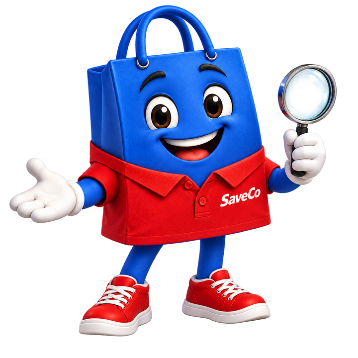 Scout, SaveCo’s friendly blue shopping bag mascot holding a magnifying glass