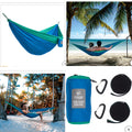 Blue and green Cascade Oasis two-person travel hammock with carry bag, straps and carabiners