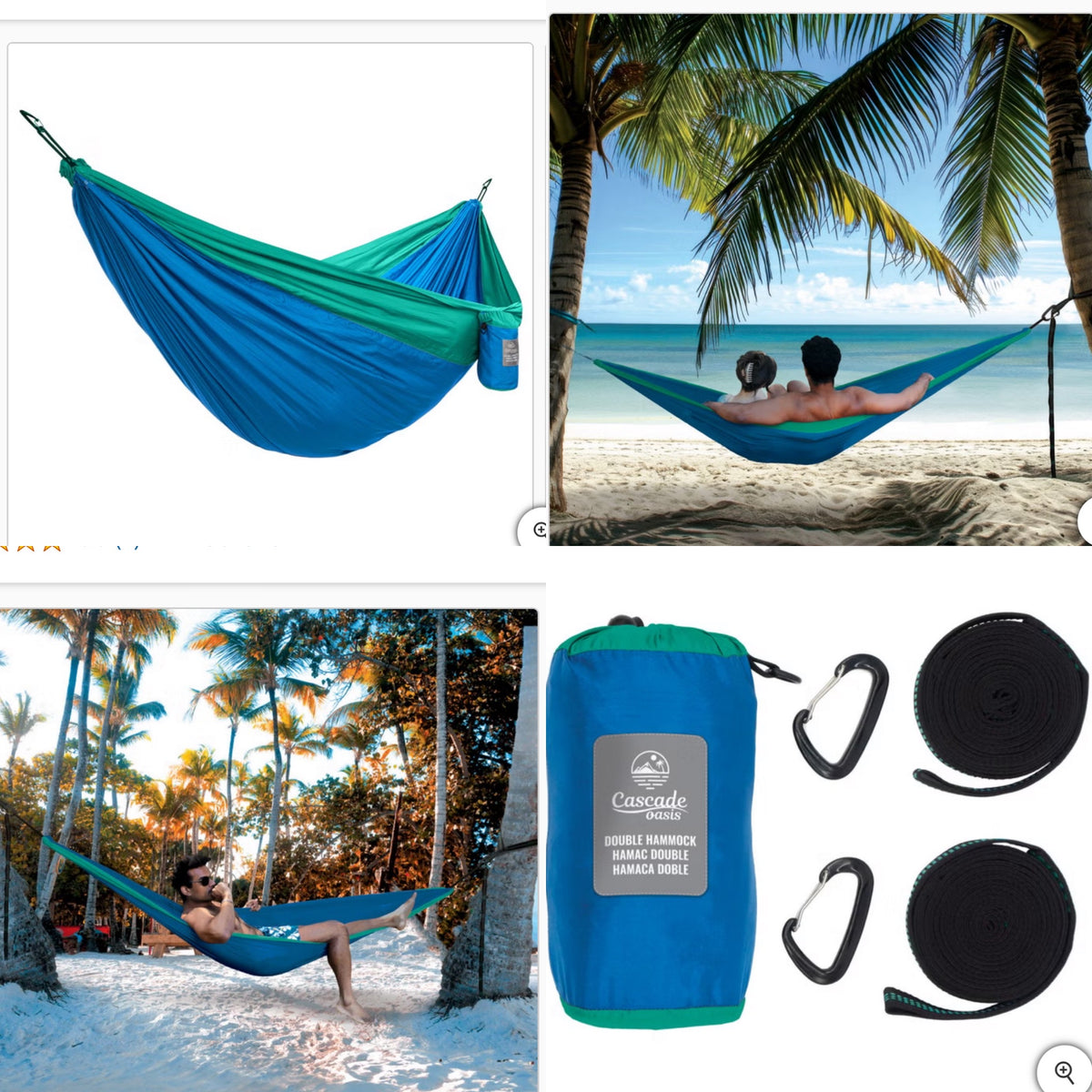 Blue and green Cascade Oasis two-person travel hammock with carry bag, straps and carabiners