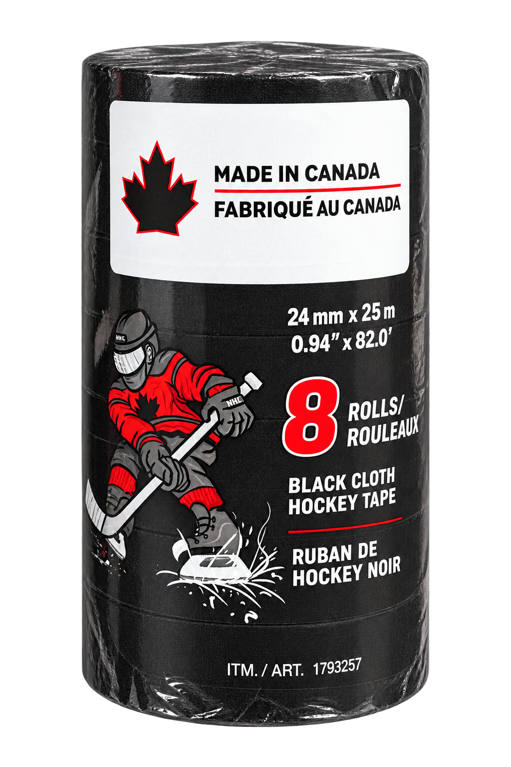 Eight-roll pack of black cloth hockey tape, 24 mm by 25 m