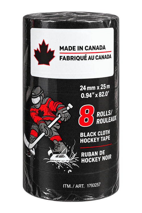 Eight-roll pack of black cloth hockey tape, 24 mm by 25 m