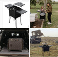 Wild Land portable camping kitchen and stove shown extended and folded